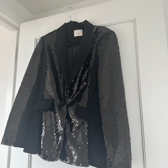 Cinq à Sept Sequins Blazer Jacket Complementary Satin Lapel Collar Black - Picture 1 of 8